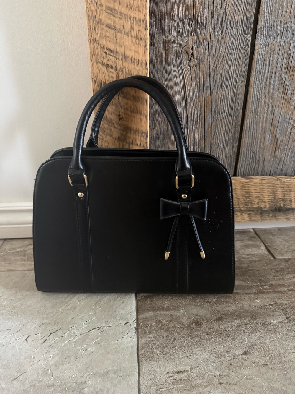 Black Top Handle Classic Black Bow-Accent Satchel